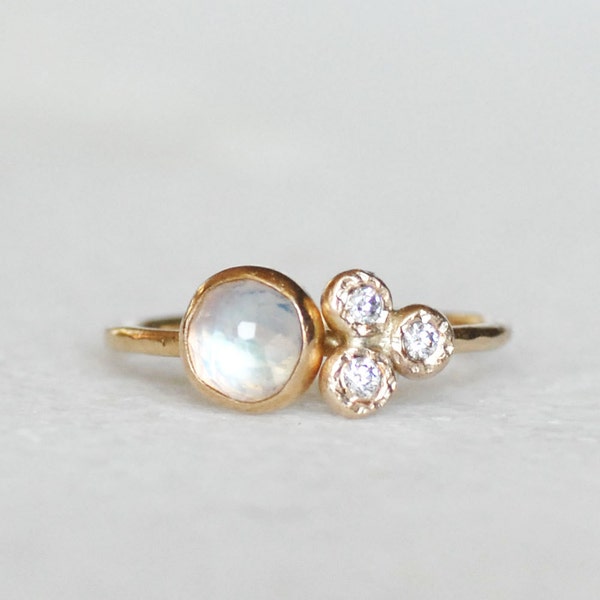 Moonstone Diamond Cluster Ring, Solid 14k Gold Moonstone and Diamond Ring, Diamond Cluster Gold Ring,  Recycled Gold