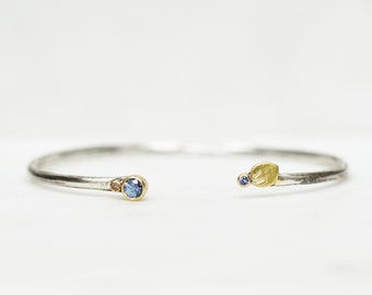 Sapphire and Diamond Petal Cuff -Sterling and 18k Gold Skinny Leaf Cuff