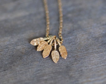 Five Leaf Gold Necklace, 5 Fluttering Solid 14k Gold Leaves,  Floating Leaf Charms, Gold Necklaces for Her, Bridesmaid Gift, Fine Jewelry