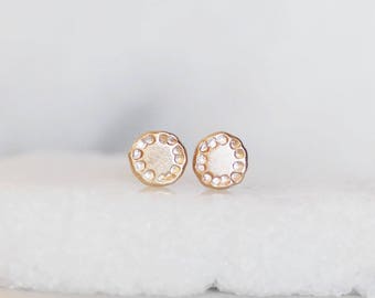 Tiny SOLID Gold Wildflower Post Earrings, Handmade 14k Gold and Sterling Silver Disc Earrings, Small Flower Post Earrings, Gold Pebble Studs