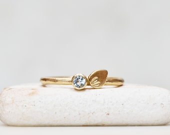 Aquamarine Petal Ring, Gold Petal Stack Ring, Something Blue,  Solid 14k Gold Stacking Ring, Leaf Ring, Nature Jewelry, Gifts For Her