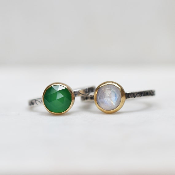 Bague En Or Jaune 14 Carats Avec Pierre De Lune Arc-en-ciel – Diamants, Taille 7, Main Blue, Naturelle, Fait Main