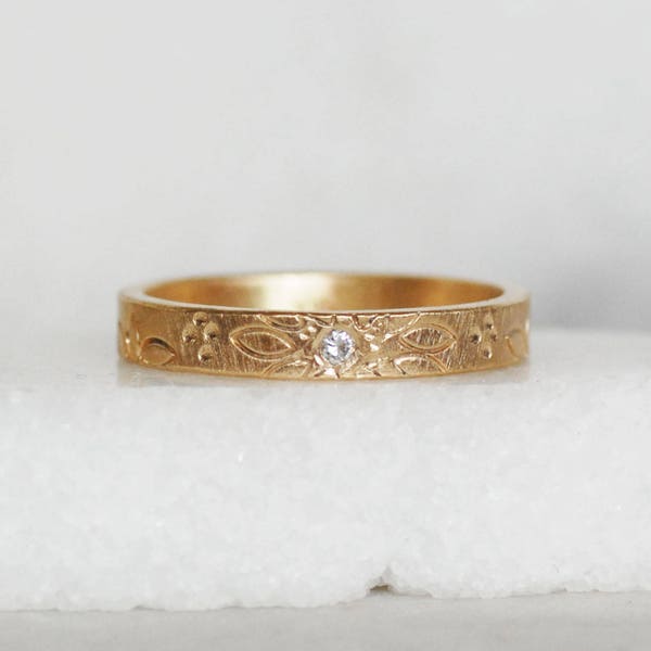 Diamond Patterned Wedding Band - 3mm 14k Gold Ring - Eco-Friendly Recycled Gold