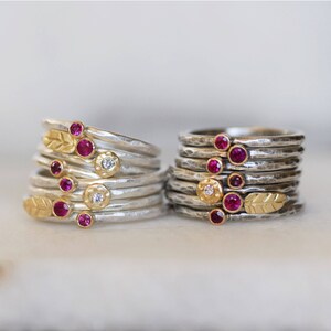 Ruby and Diamond Wildflower Stacking Ring Set, Set of Four SOLID 18k Gold and Silver Leaf Rings, Set of Birthstone image 2