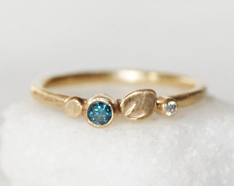 Blue Diamond Floral Ring, Blue Diamond Petal Ring, Solid Gold Flower Ring, Botanical Kaleidoscope Ring, Unique Wedding Ring, Floral Band