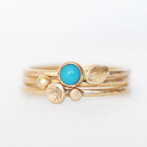 Handmade 14k Gold Turquoise Stacking Rings: Botanical Set of 3 Skinny Solid Gold Stackable Bands