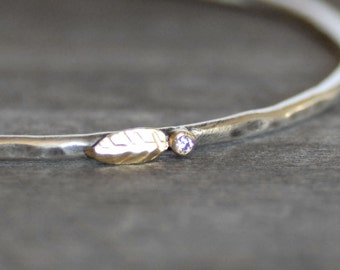 Diamond Leaf Bangle Bracelet, Sterling and Solid 18k Gold, Diamond Stacking Bangle, Floral Bracelet, Skinny Diamond Bracelet, Mothers Day