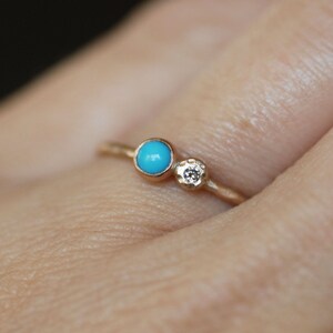 Skinny Diamond and Turquoise Wildflower Ring, Solid 14k Gold Stacking Ring, Thin 14k Gold Band, Dainty Diamond Ring, December Birthstone image 2