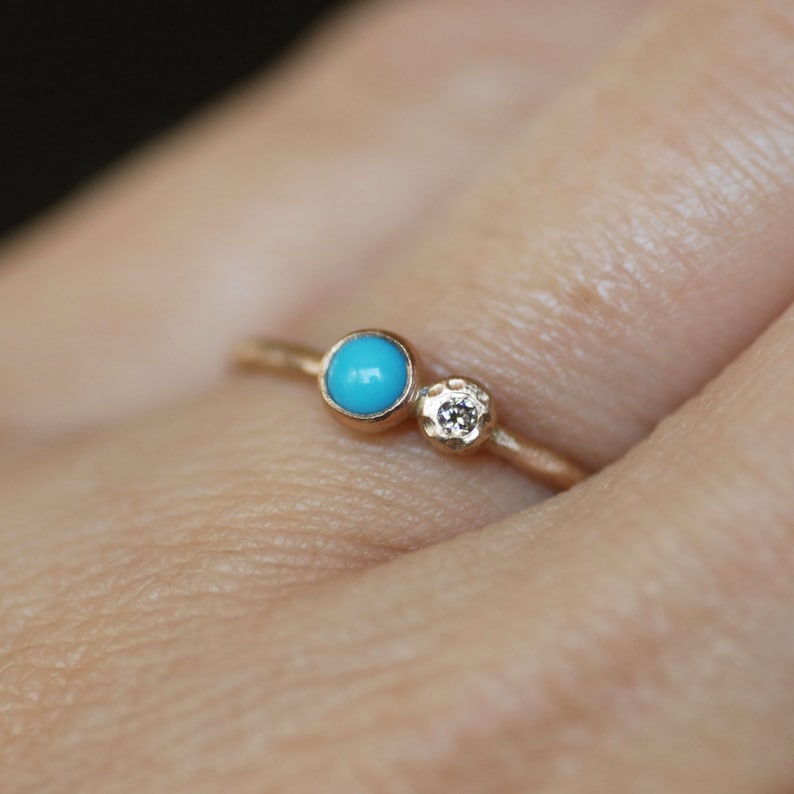 Skinny Diamond and Turquoise Wildflower Ring, Solid 14k Gold Stacking Ring, Thin 14k Gold Band, Dainty Diamond Ring, December Birthstone image 2