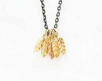 Tiny Gold Leaf Necklace, Solid 14k Gold and Sterling Silver Leaf Necklace, 5 Fluttering 14k Gold Leaves, Floating Leaf Pendant, Nature Gift