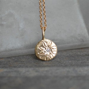 Solid Gold Diamond Daisy Necklace, Wildflower Coin Pendant, Small Daisy Pebble Necklace, Gifts for Her, April Birthstone, Nature Jewelry image 7