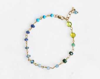 Sapphire Aquamarine London Topaz Emerald Peridot Turquoise Bead Bracelet, Multi Blue and Green GemstoneBracelet, Precious Stone Bracelet