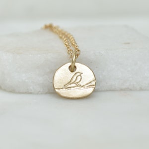 Gold Bird Necklace, Solid 14k Gold Bird Pendant, Small Gold Pebble Pendant, Signet Charm, Gifts for Mom, Gold Necklaces, Everyday Necklace