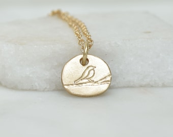 Gold Bird Necklace, Solid 14k Gold Bird Pendant, Small Gold Pebble Pendant, Signet Charm, Gifts for Mom, Gold Necklaces, Everyday Necklace