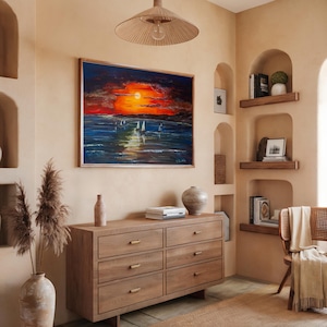 Original Landscape Painting Sailboats at Sunset Canvas Print Wall Decor