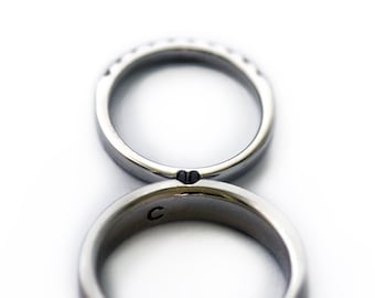 Fiançailles avec ensemble wedding band, cœur, ensemble nuptial, petits diamants, ensemble de bagues, bague Promise Couples, alliances assorties, or blanc 14 carats