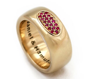 Anillo de rubí, anillo de boda ruby, banda de boda rosa, anillo de compromiso de rubí de oro, anillo ancho de rubí, anillo de compromiso alternativo, CADI