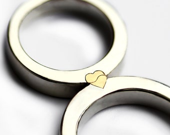 Magnet Split Heart Ring Set, His and Her Promise Ring, Matching Wedding Bands, Gold and Silver Wedding Bands, Promise Ring For Couples, Cadi