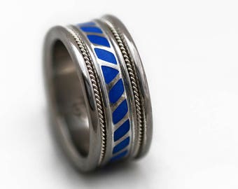 Mens silver wedding band, Blue ring for men, Silver 925 Ring, BLUE-Cobalt- Navy- Azure-Admiral-Lapiz, Enamel ring, Gifts for men, Retro Ring