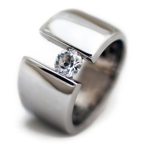 solitaire engagement ring with white Topaz in tension style setting , exclusive split shank band in white yellow or rose gold, Bling jewelry