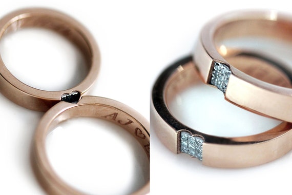 Promise Ring Set, 18k Rose Gold Wedding Band, Matching Ring Set, Natural Diamond Cluster Ring, Heart Wedding Ring, Diamond Band for Men, Two