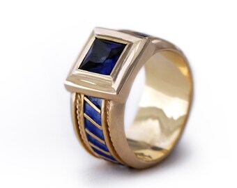 Gold ring blue sapphire, Royal ring, solitaire gold ring, blue engagement ring, gold ring anniversary gift, Enamel ring, Cadi fine jewelry