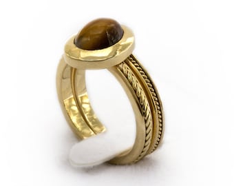 Gold wedding band set - Matching gold engagement ring, a thin band ring set - solitaire gold engagement Tiger Eye brown stone, Cadi jewelry