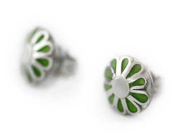 Floral  bridel studs earrings in kelly Green enamel and 14k white gold- beautiful  post earrings