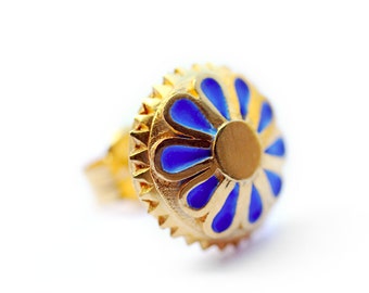 Flower Stud earrings,18k gold with turquoise enamel, big post earrings, Hanukkah gift