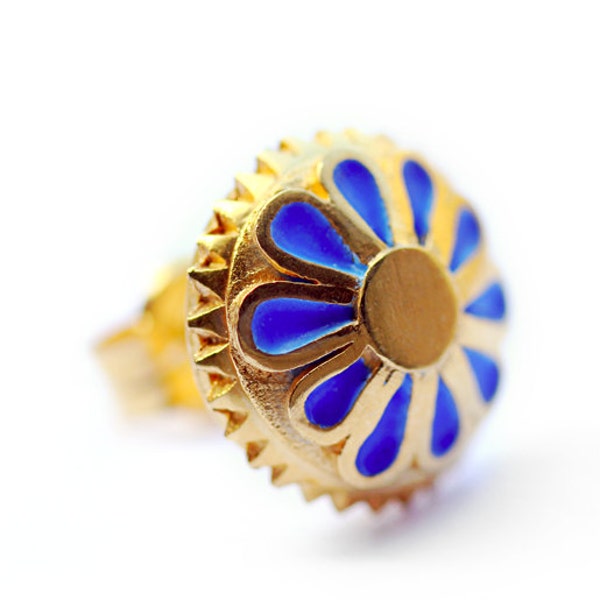 Flower Stud earrings,18k gold with turquoise enamel, big post earrings, Hanukkah gift