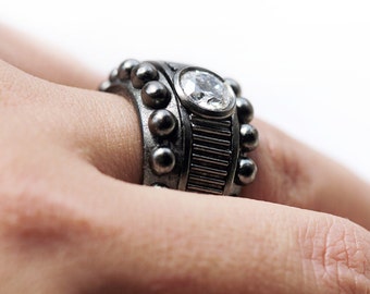 Black silver ring with a unique urban and contemporary design. cocktail ring,unique modern jewelry, cubic zirconia stone