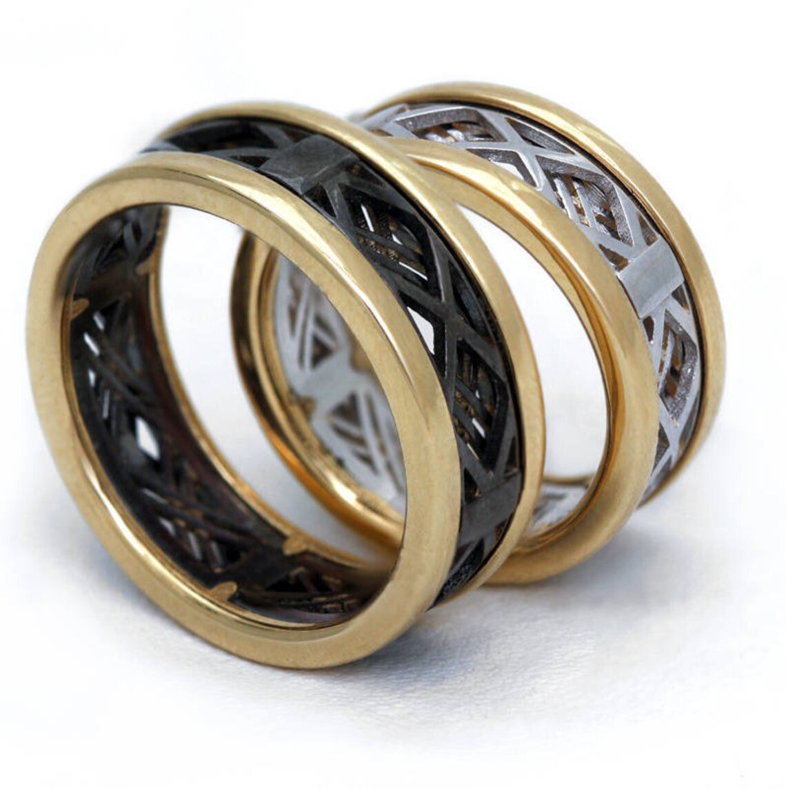 Custom Promise Ring Him + Her, Unique Grid Man's Wedding Band, Two Tone ...