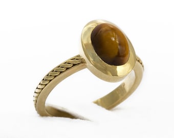 Solid gold Tiger Eye ring, Unique Engagement Ring, Burnt orange ring, Solitaire Gold ring, Bohemian promise ring