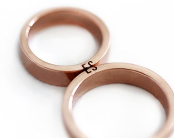 Matching initial couple rings 14k Rose gold, Unique Mens Wedding band set with customized and personalize letters, Rose gold ring wide