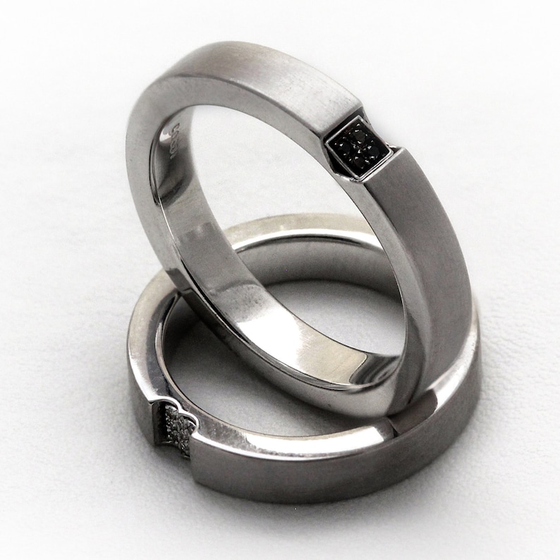 Unisex Wedding band set in 14k white gold, Promise rings white and black diamonds, men wedding band rings image 4