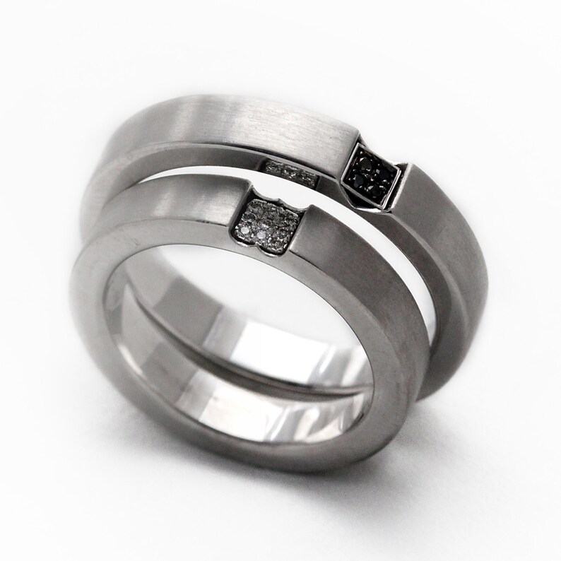 Unisex Wedding band set in 14k white gold, Promise rings white and black diamonds, men wedding band rings image 3