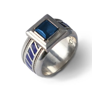 Ring for men and women Aquamarine gemstone with blue enamel in sterling silver jewelry gift image 1
