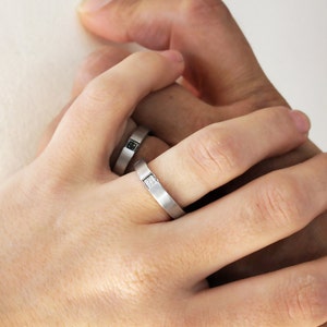 Unisex Wedding band set in 14k white gold, Promise rings white and black diamonds, men wedding band rings image 5