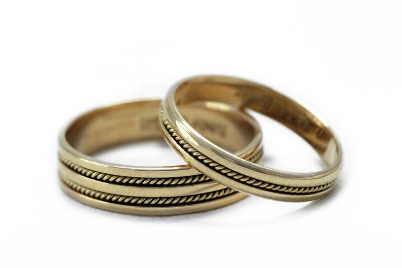 Gold filigree wedding ring sets Braided bands Wedding band for men Filigree handmade rings Wedding bands-Unique bands Matching bands image 1