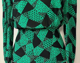 Vintage Givenchy Peplum Green & Black Peplum Blouse
