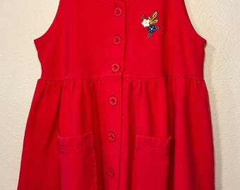 Vintage McKids Red Sleeveless Button-front Dress w/ Pockets & Embroidered Detail