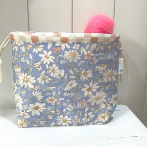 Medium Sized Knitting Project Bag: Floral Daisy Print Fabric Drawstring Pouch, Crochet Gift