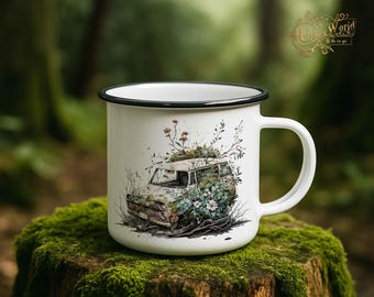 Enamel Mug - Abandoned Cars Motif 6 - Abandoned cars in watercolor style. Gift for Urbexer & car fans with 7 motifs.