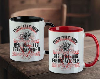 He doesn't do anything, he just wants to take pictures | Urbex mug with skeleton & camera gift for lost place fans and photographers