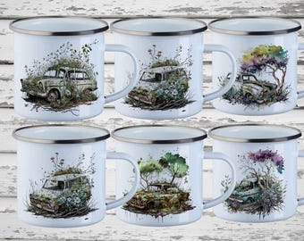 Enamel Mug - Abandoned Cars - Abandoned cars in watercolor style. Gift for Urbexer & car fans. Lost Places illustration with 7 motifs.