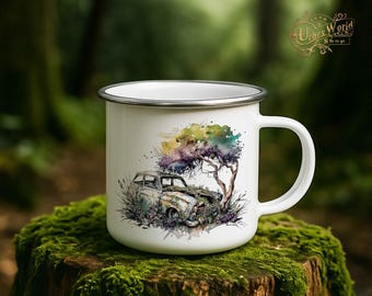 Enamel Mug - Abandoned Cars Motif 4 - Abandoned cars in watercolor style. Gift for Urbexer & car fans with 7 motifs.