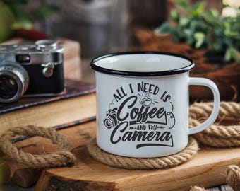 Enamel Mug “All I need is Coffee and my Camera” – Photography Mug – Gift for Urbexer & Explorer – Camping Mug Outdoor