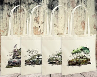 Abandoned Cars Tote Bag – Cotton Bag with Lost Places Car Motif – Shopping Bag for Urban Explorers & Adventurers with 7 Designs