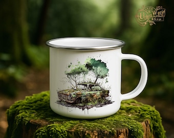 Enamel Mug - Abandoned Cars Motif 2 - Abandoned cars in watercolor style. Gift for Urbexer & car fans with 7 motifs.