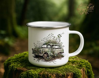Enamel Mug - Abandoned Cars Motif 7 - Abandoned cars in watercolor style. Gift for Urbexer & car fans with 7 motifs.